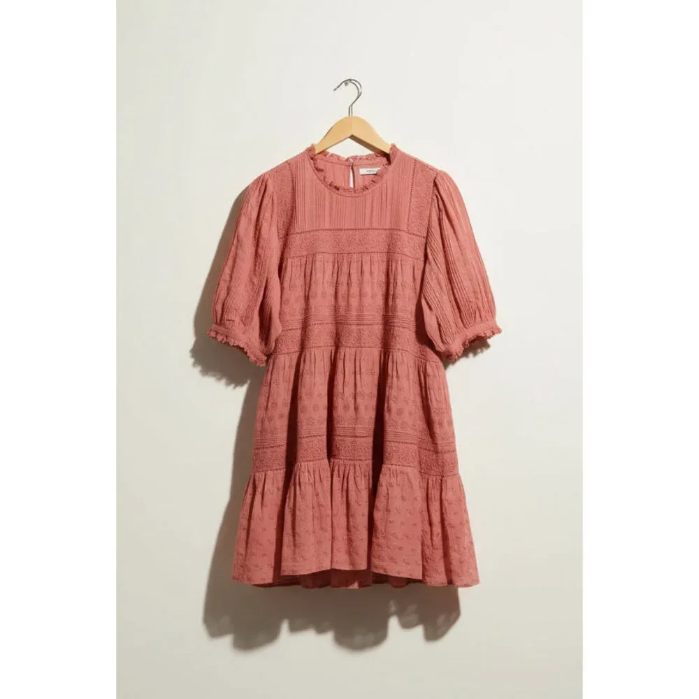 Doen Mini Dress Short Sleeve Lace Trim Floral Salmon Size L